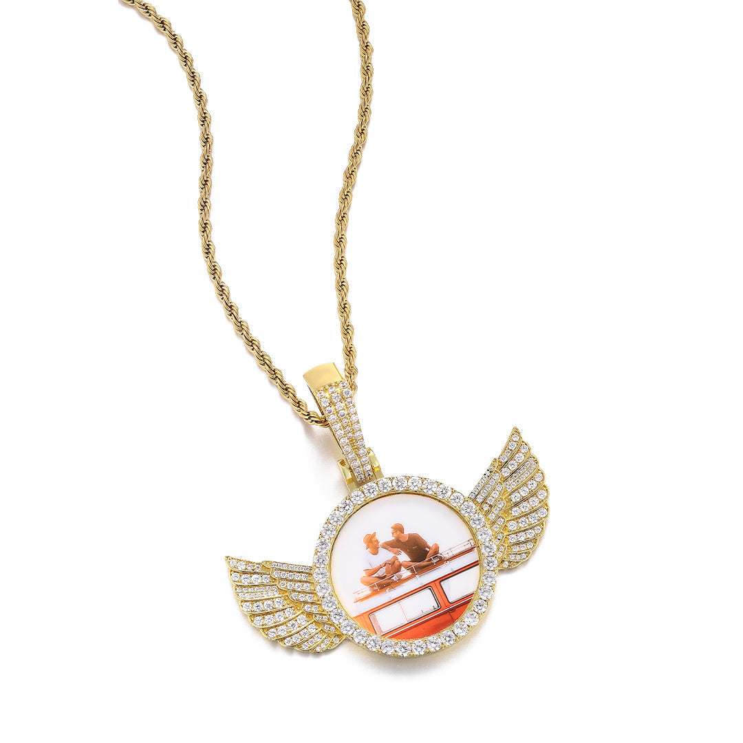 Custom Angel Wing Round Photo Pendant
