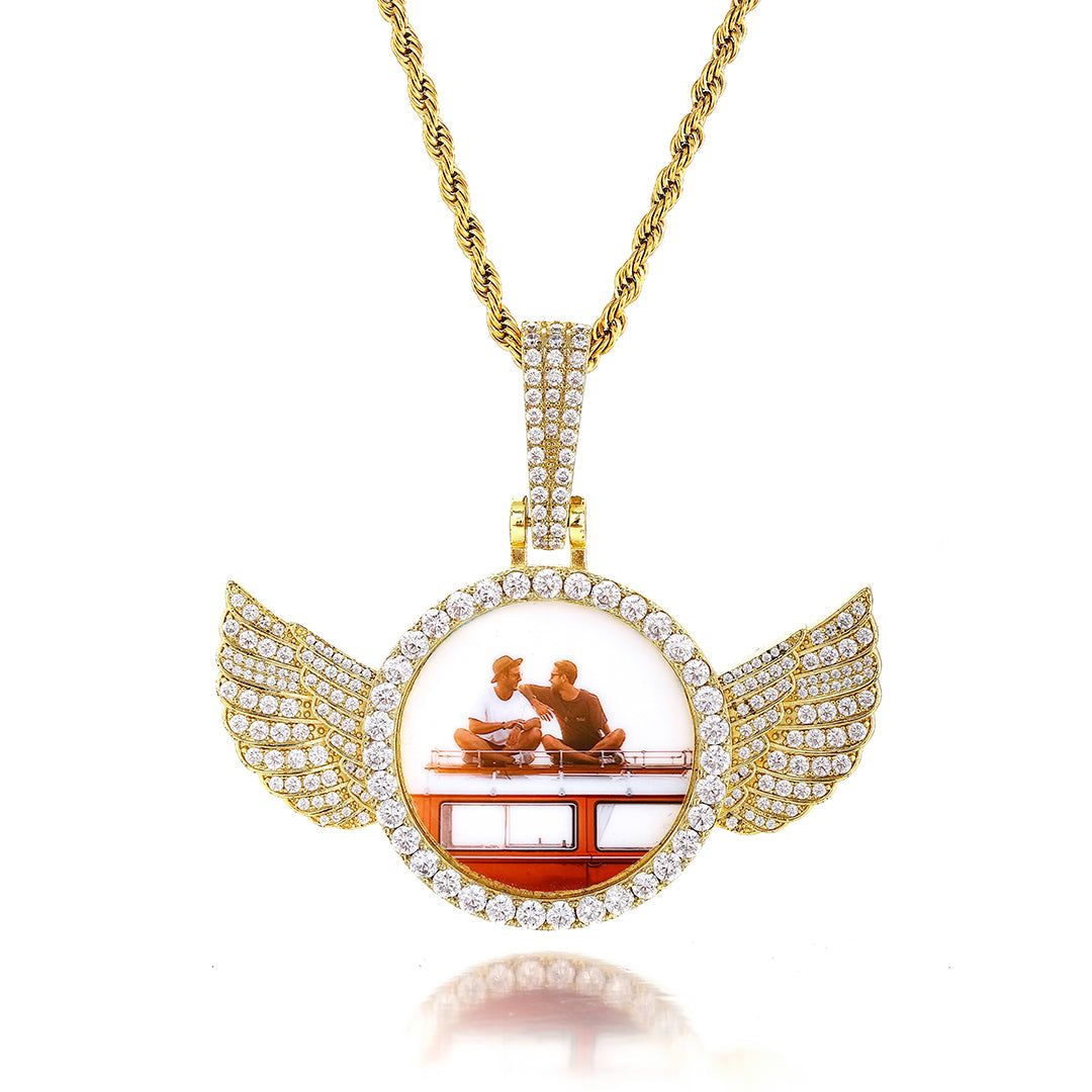 Custom Angel Wing Round Photo Pendant