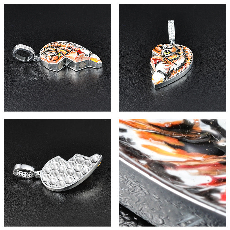 Tiger Broken Heart Enamel Pendant