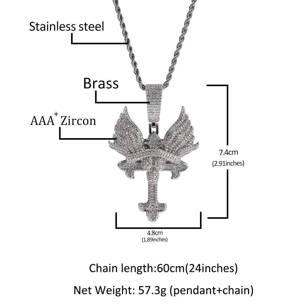 Iced Angel Wings orthodox Cross Pendant