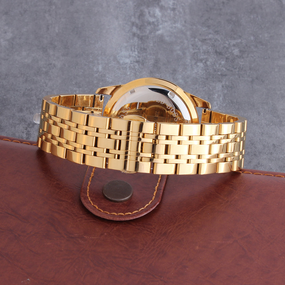 18K Gold Plated Red Dial Stainless Steel Iced Out Watch