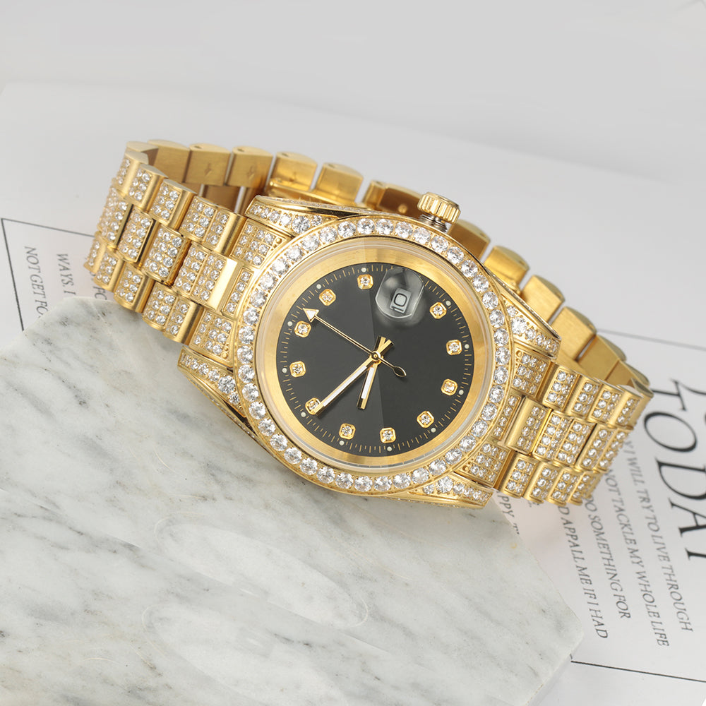 18K Gold Plated Black Dial Stainless Steel  Watch