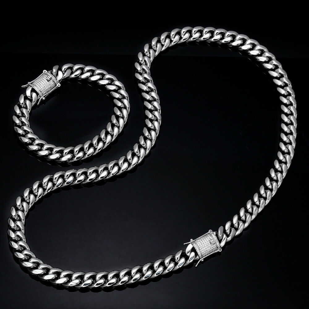 Iced Clasp Miami Cuban Link Chain - White Gold