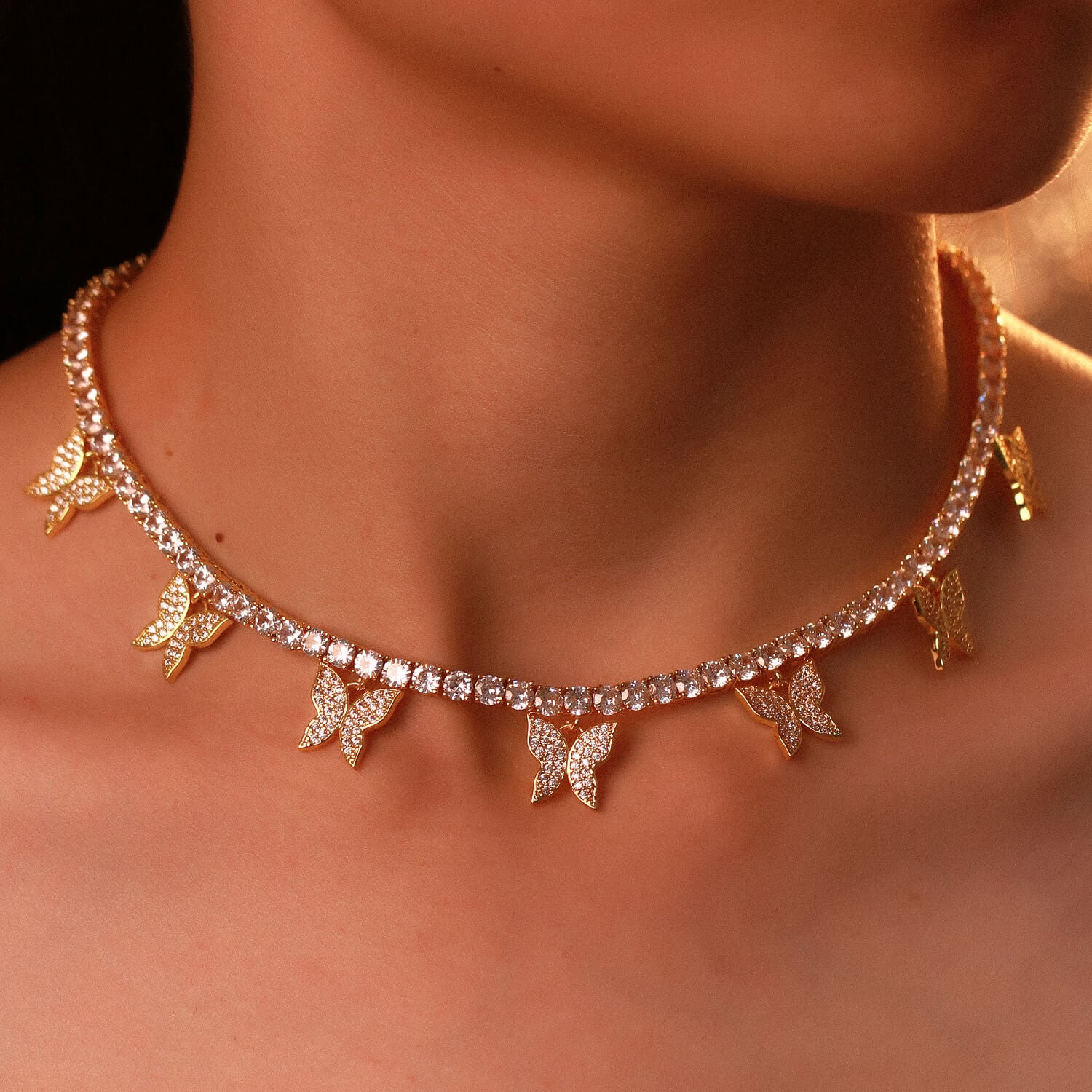 14K Gold/White Gold/Rose Gold Butterfly Tennis Necklace