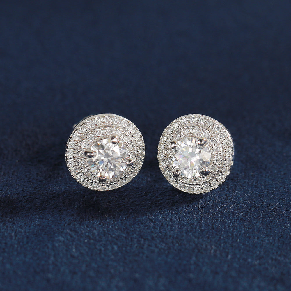 S925 Pave Halo Round Moissanite Studs Earrings