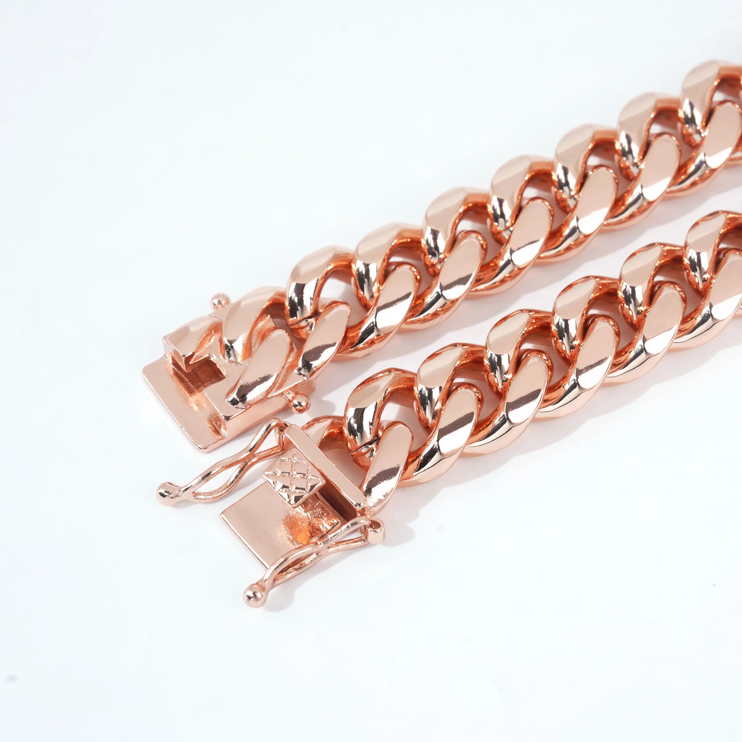 Close up of 14K Rose Gold Plated Miami Cuban Chain clasp detail
