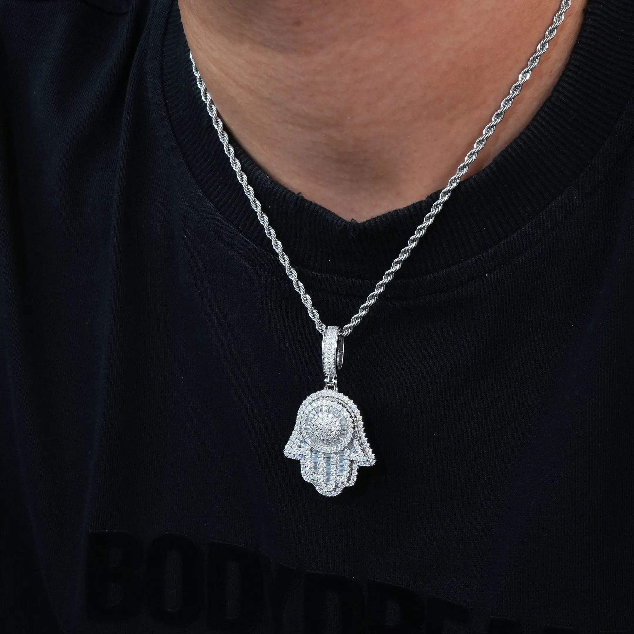 S925 Moissanite Baguette Hamsa Pendant