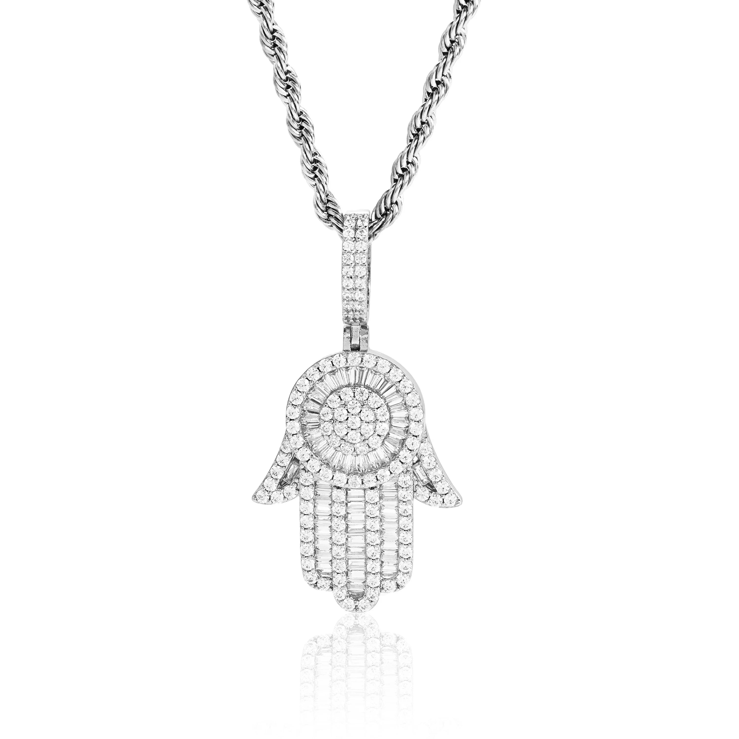 Iced Baguette Hamsa Pendant