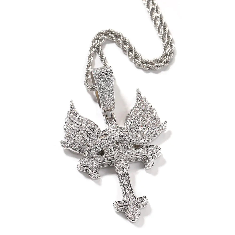 Iced Angel Wings orthodox Cross Pendant