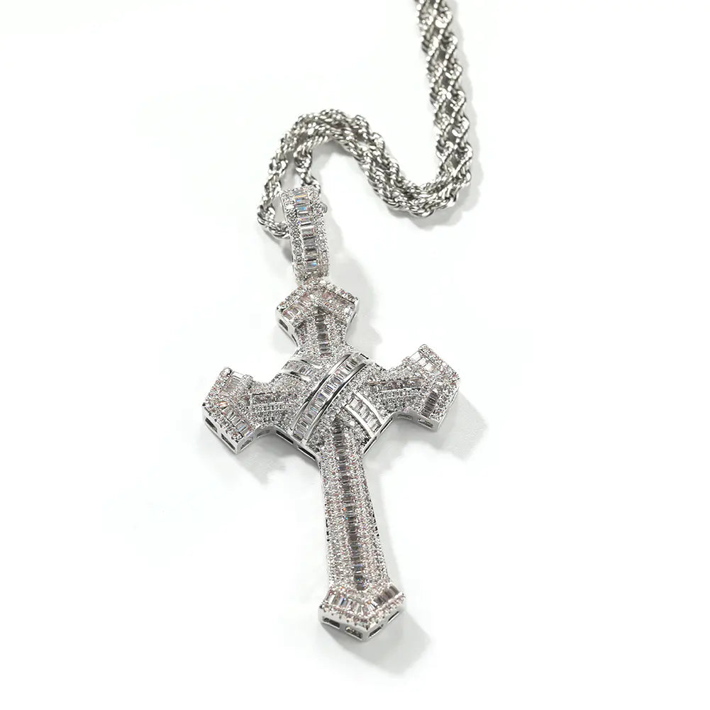 Iced Gemstone Baguette Cross Pendant