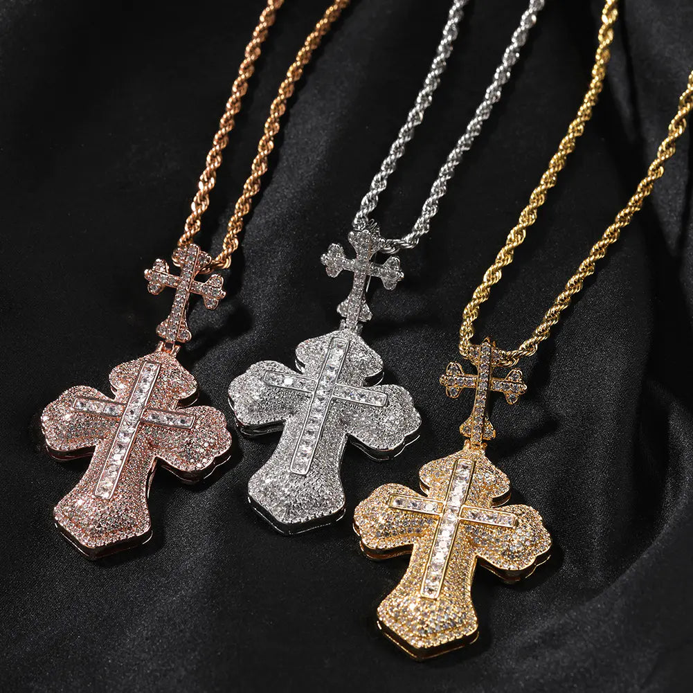 Iced Baguette Bottnee Cross Pendant