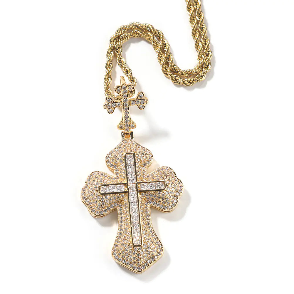 Iced Baguette Bottnee Cross Pendant