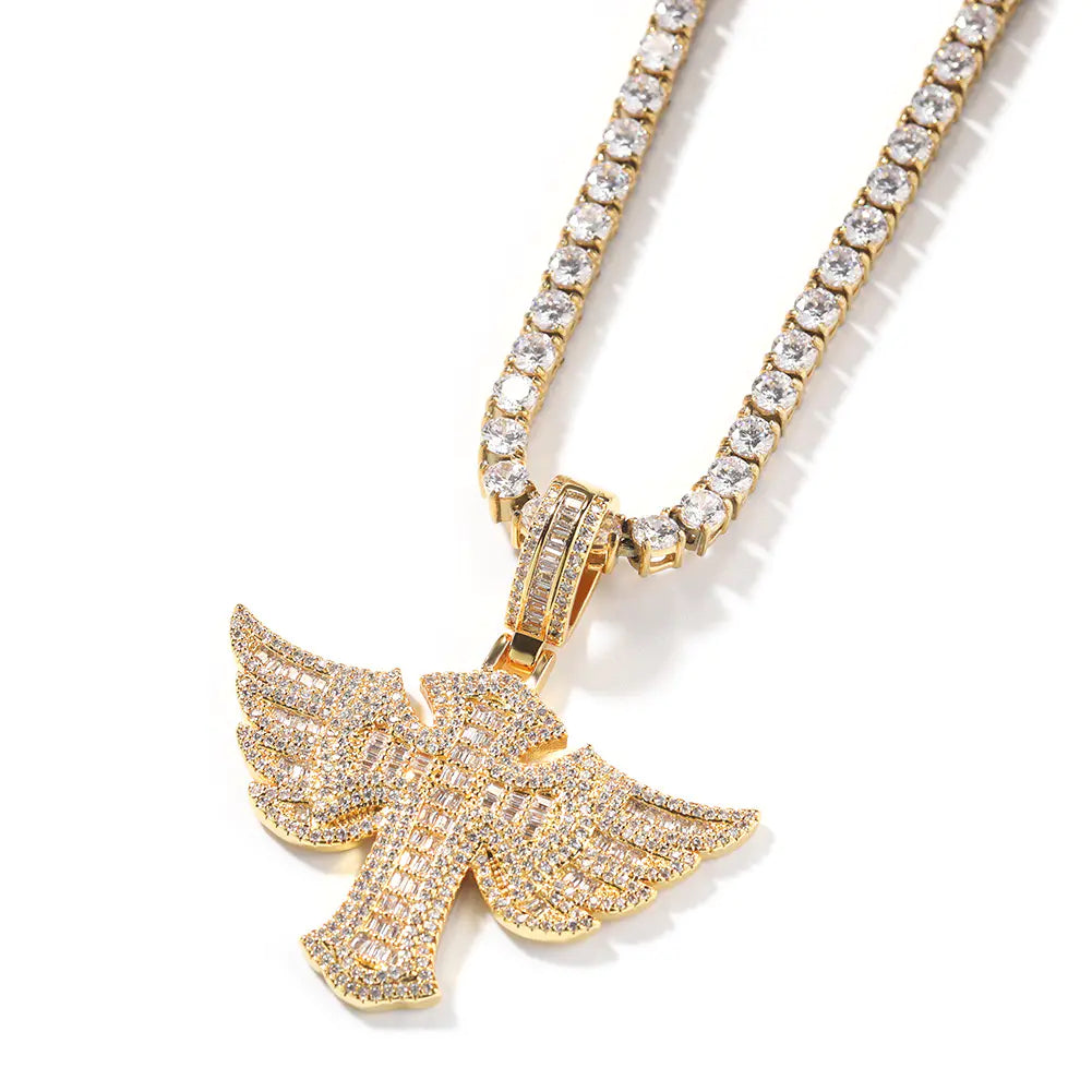 Iced Baguette Wing Cross Pendant