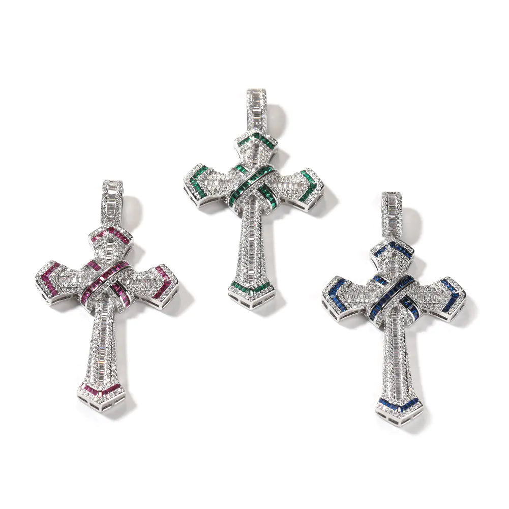 Iced Gemstone Baguette Cross Pendant