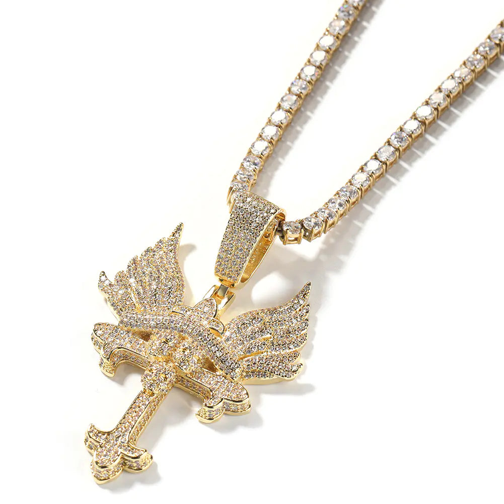 Iced Angel Wings orthodox Cross Pendant