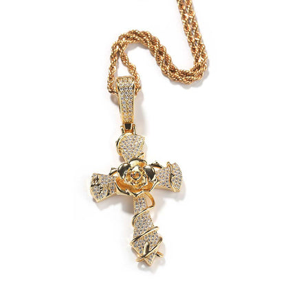 Iced Thorns Rose Cross Pendant