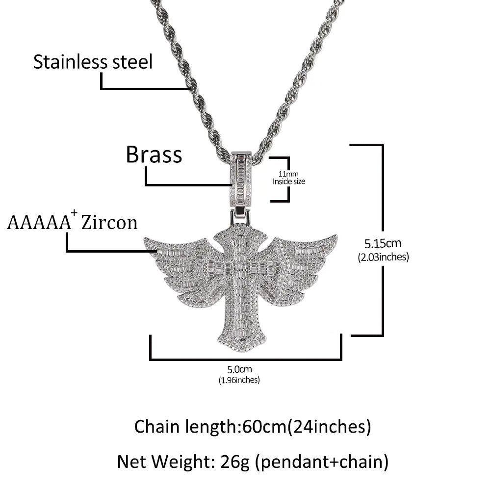 Iced Baguette Wing Cross Pendant