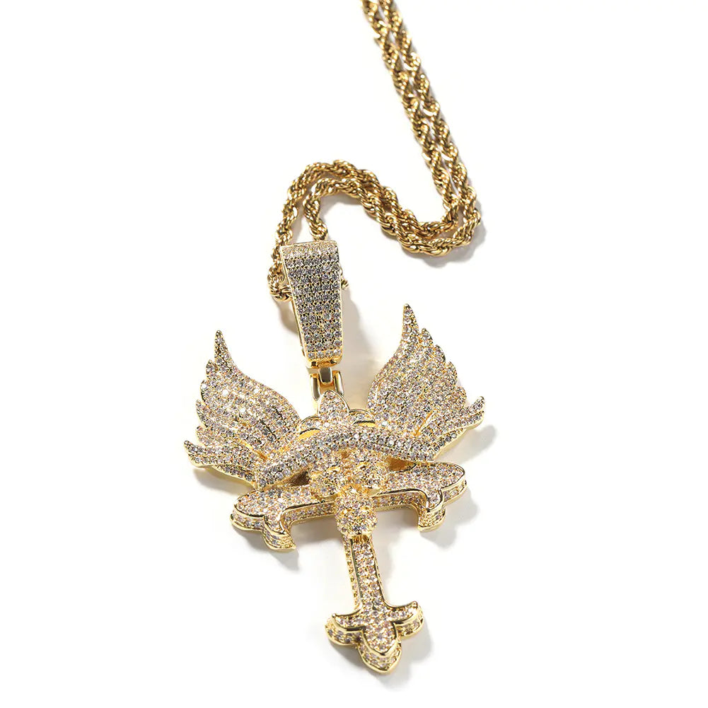 Iced Angel Wings orthodox Cross Pendant