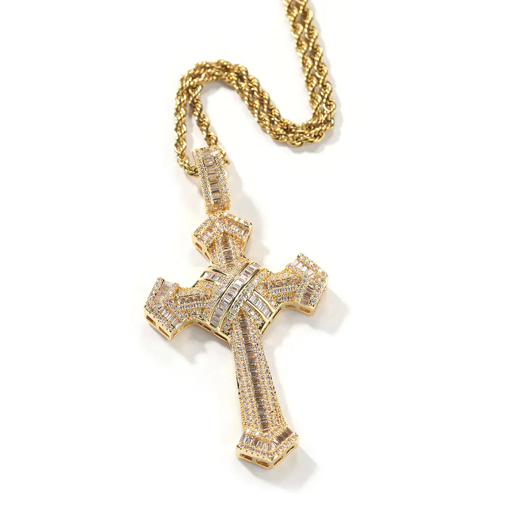 Iced Gemstone Baguette Cross Pendant