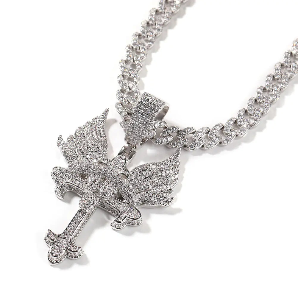 Iced Angel Wings orthodox Cross Pendant