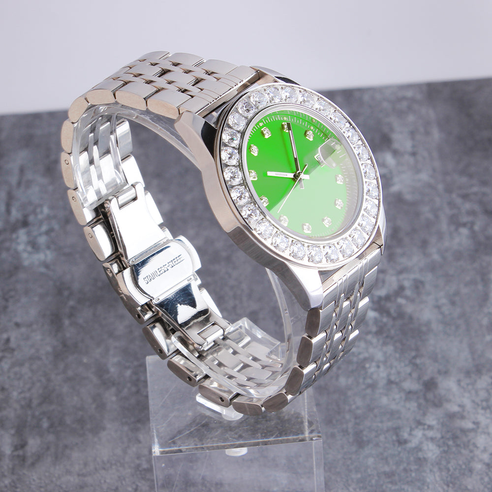 White Gold Plated Green Dial Stainless Steel  Watch