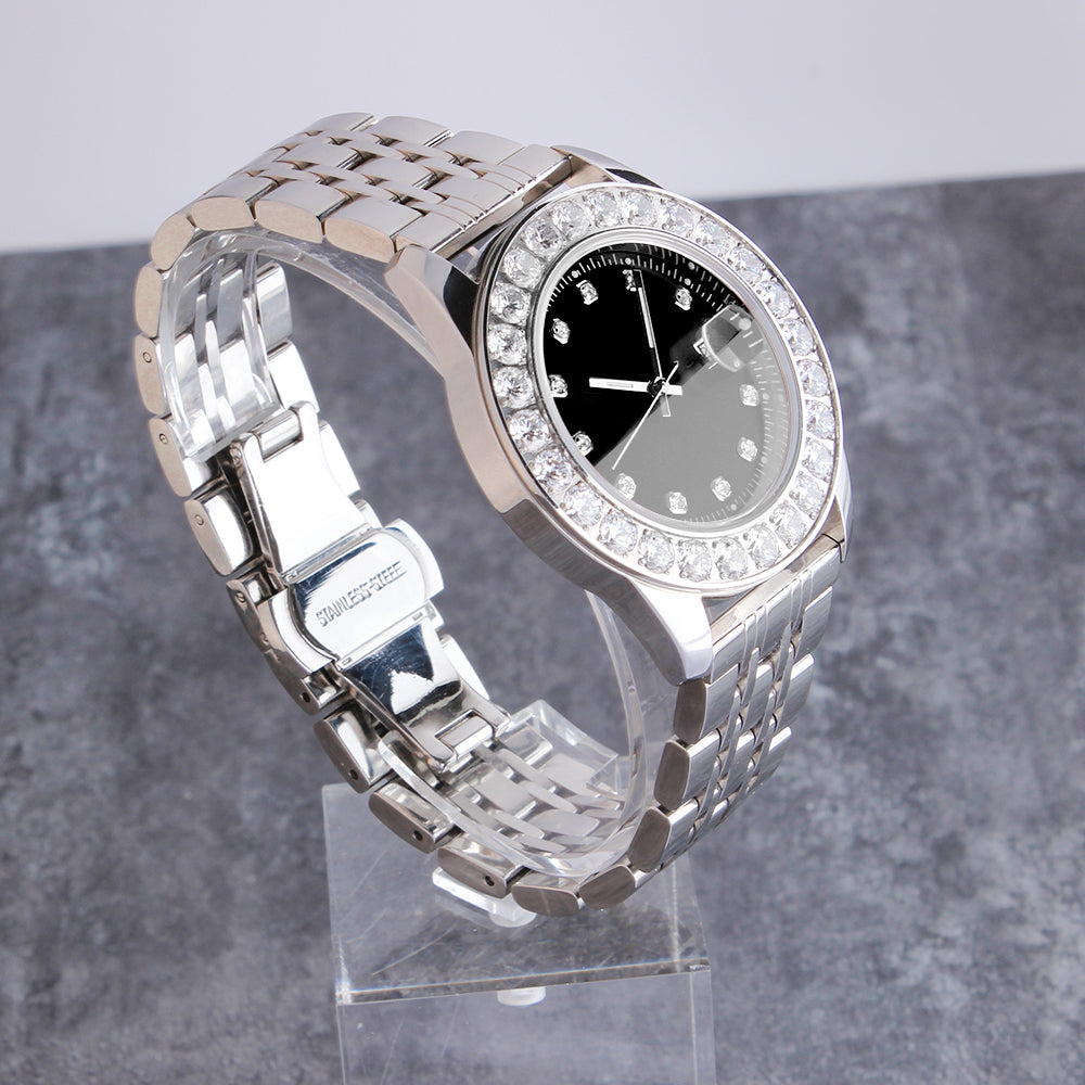 White Gold Plated Black Dial Stainless Steel  Watch