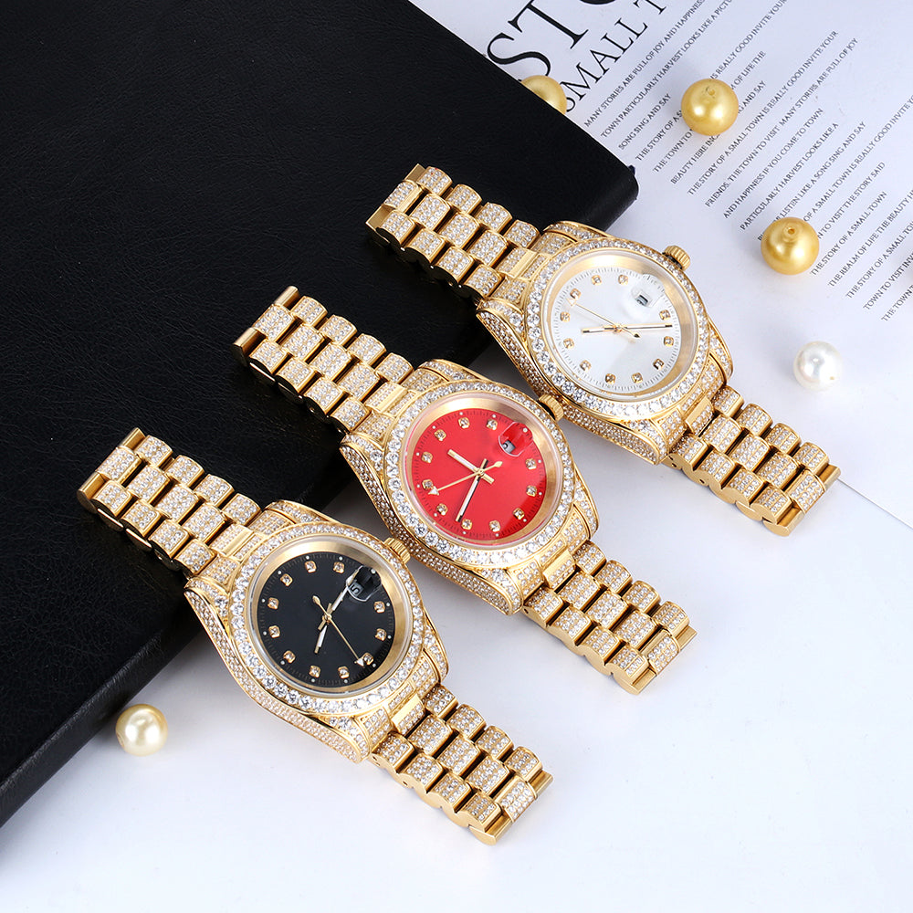 18K Gold Plated Red Dial Stainless Steel  Watch