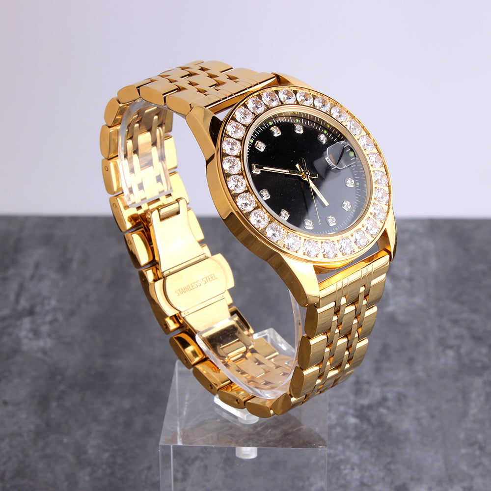 18K Gold Plated Black Dial Stainless Steel Iced Out Watch