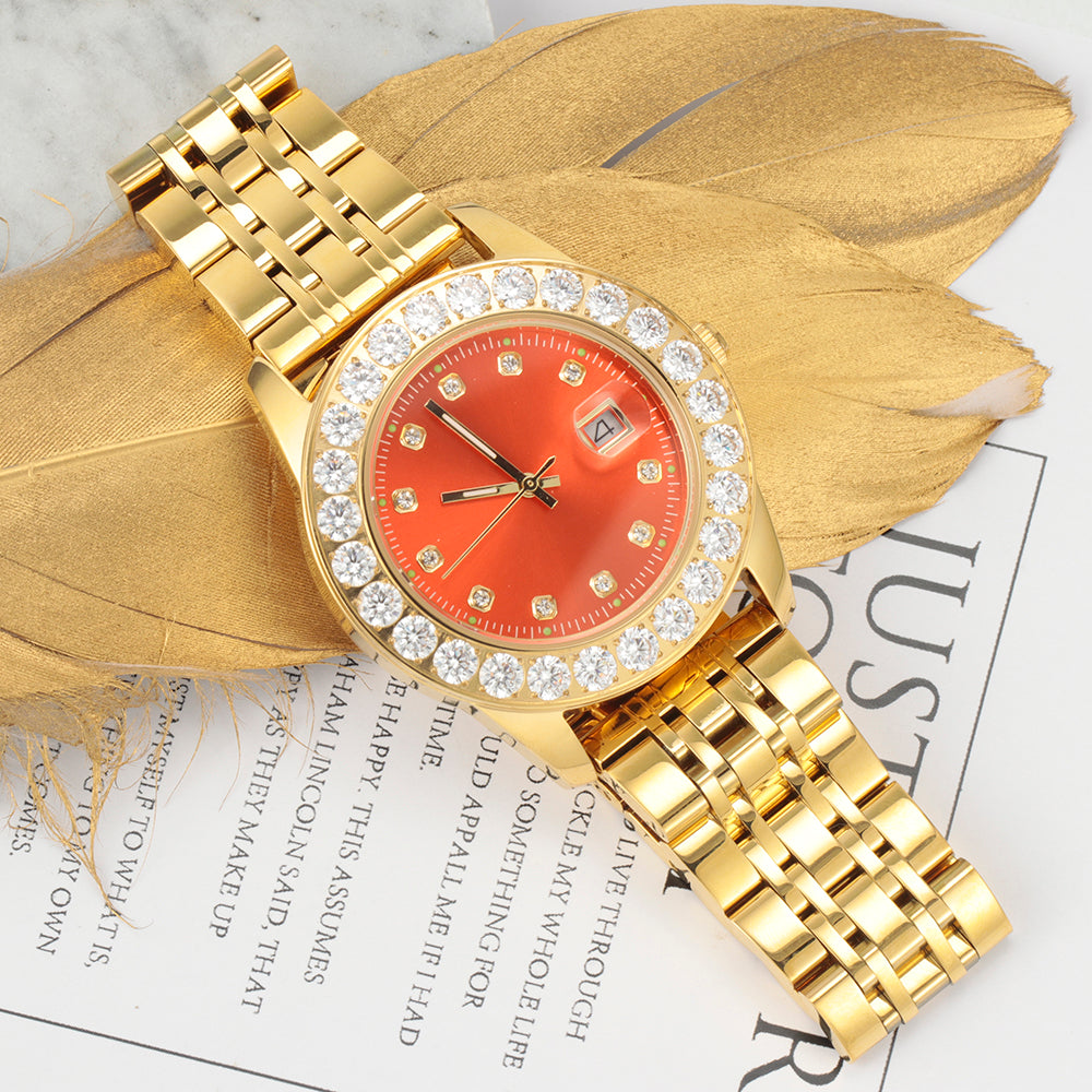 18K Gold Plated Red Dial Stainless Steel Iced Out Watch