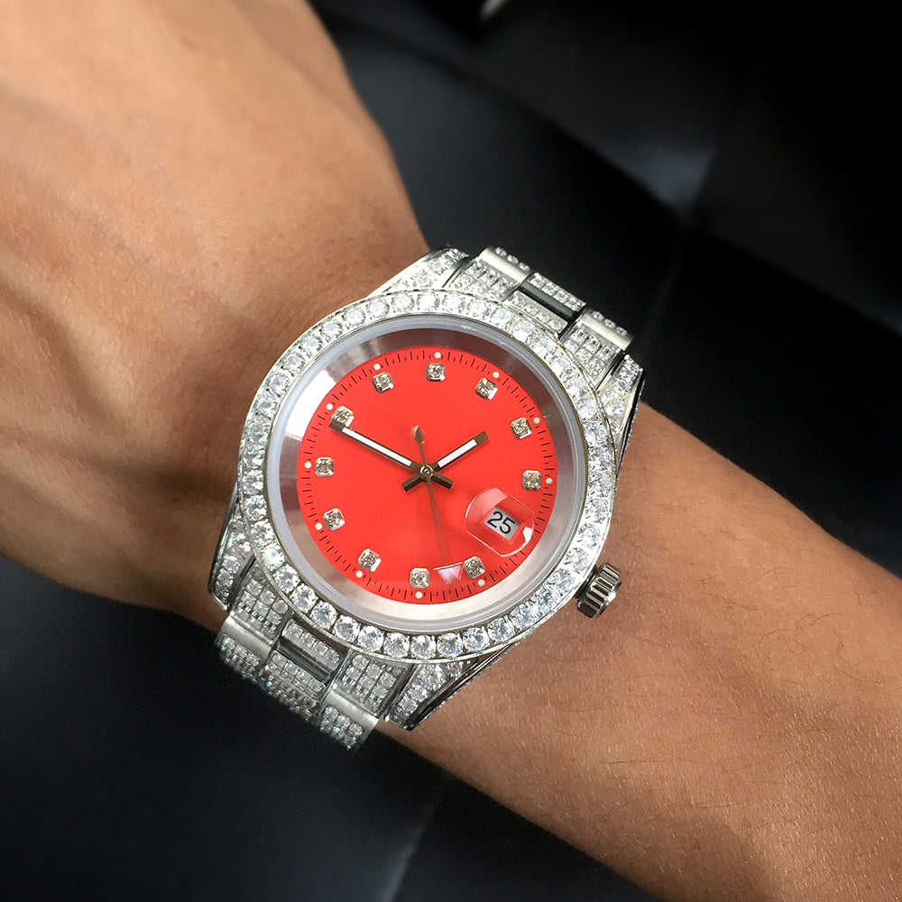 White Gold Plated Red Dial Stainless Steel  Watch