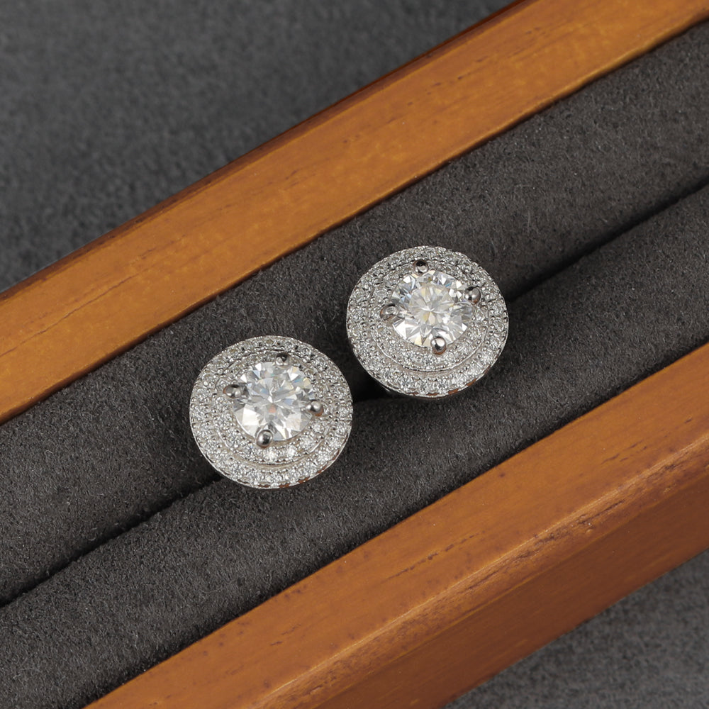 S925 Pave Halo Round Moissanite Studs Earrings